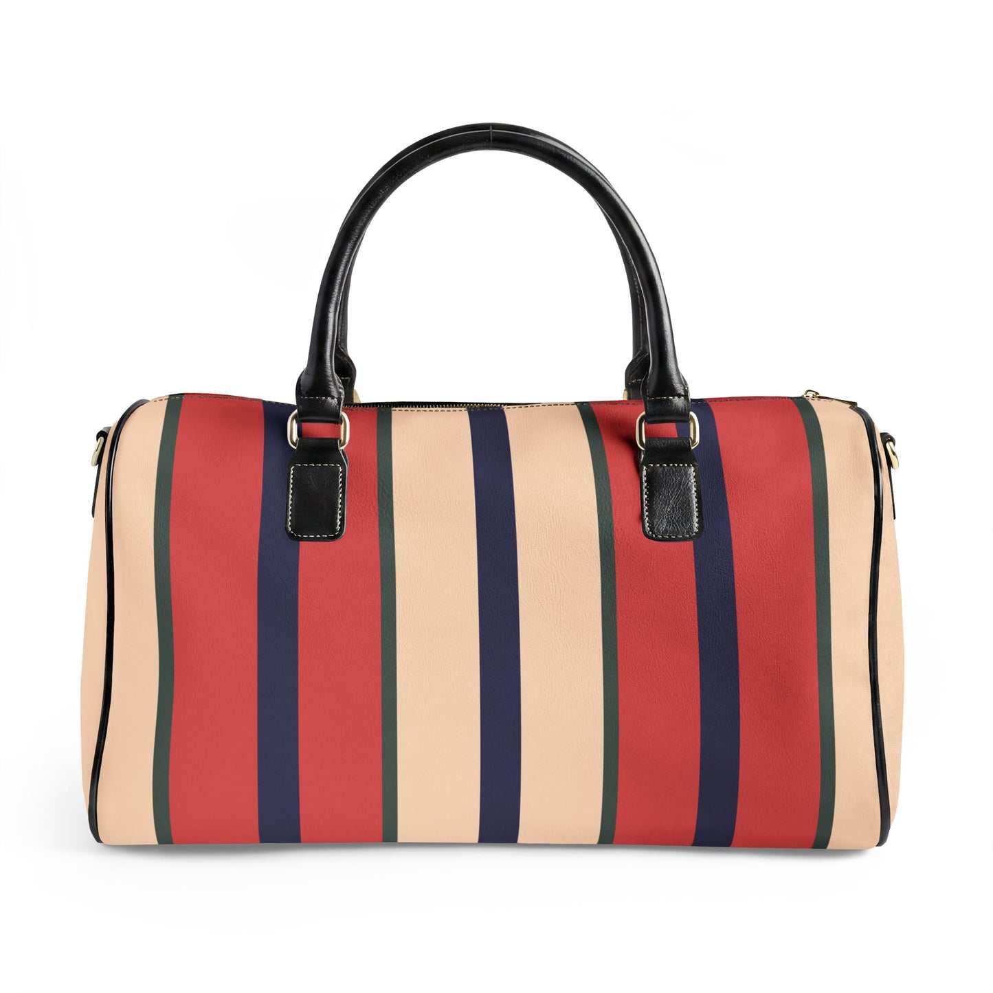 Striped duffel bag with red, beige, and navy stripes on a white background