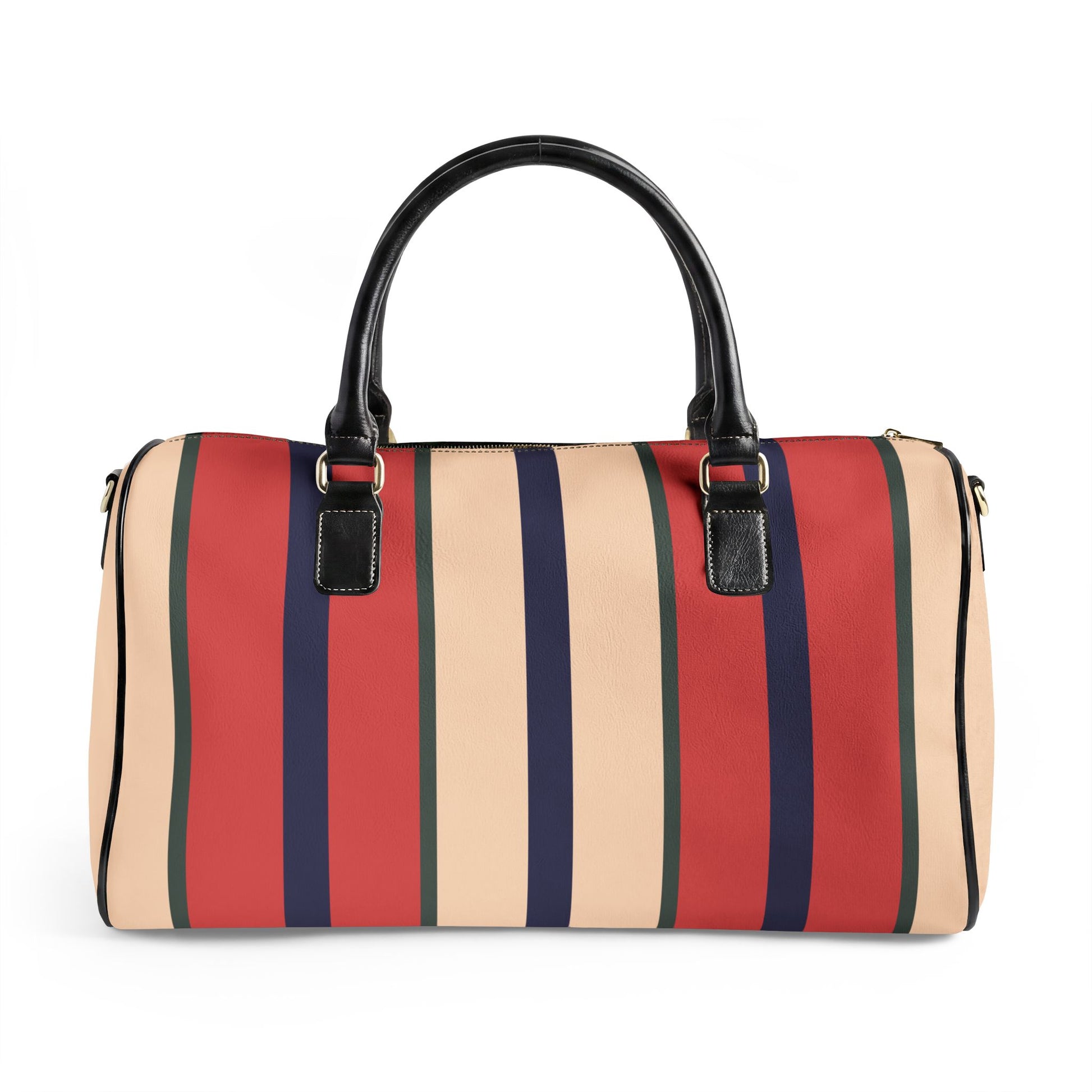 Striped duffel bag with red, beige, and navy stripes on a white background