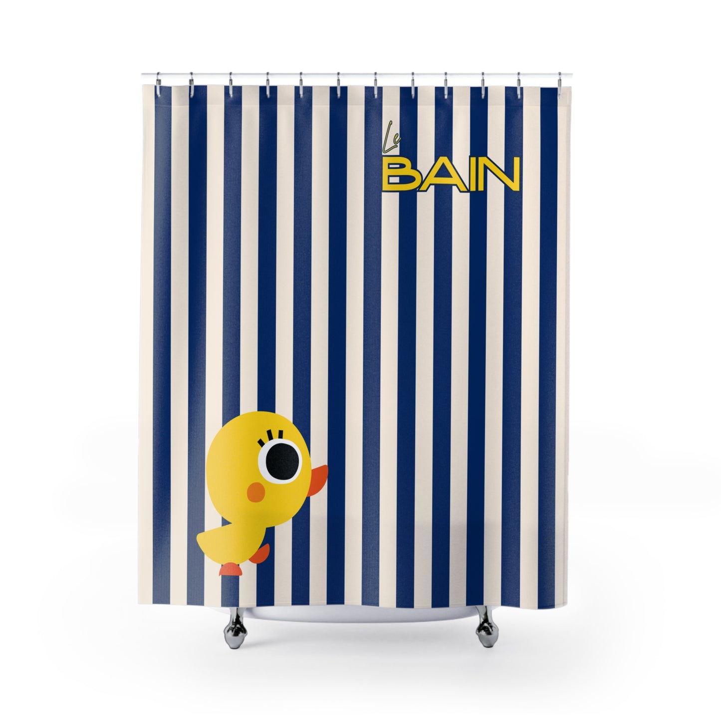 Shower curtain with a cartoon duck character and 'Le Bain' text on a blue and white striped background.