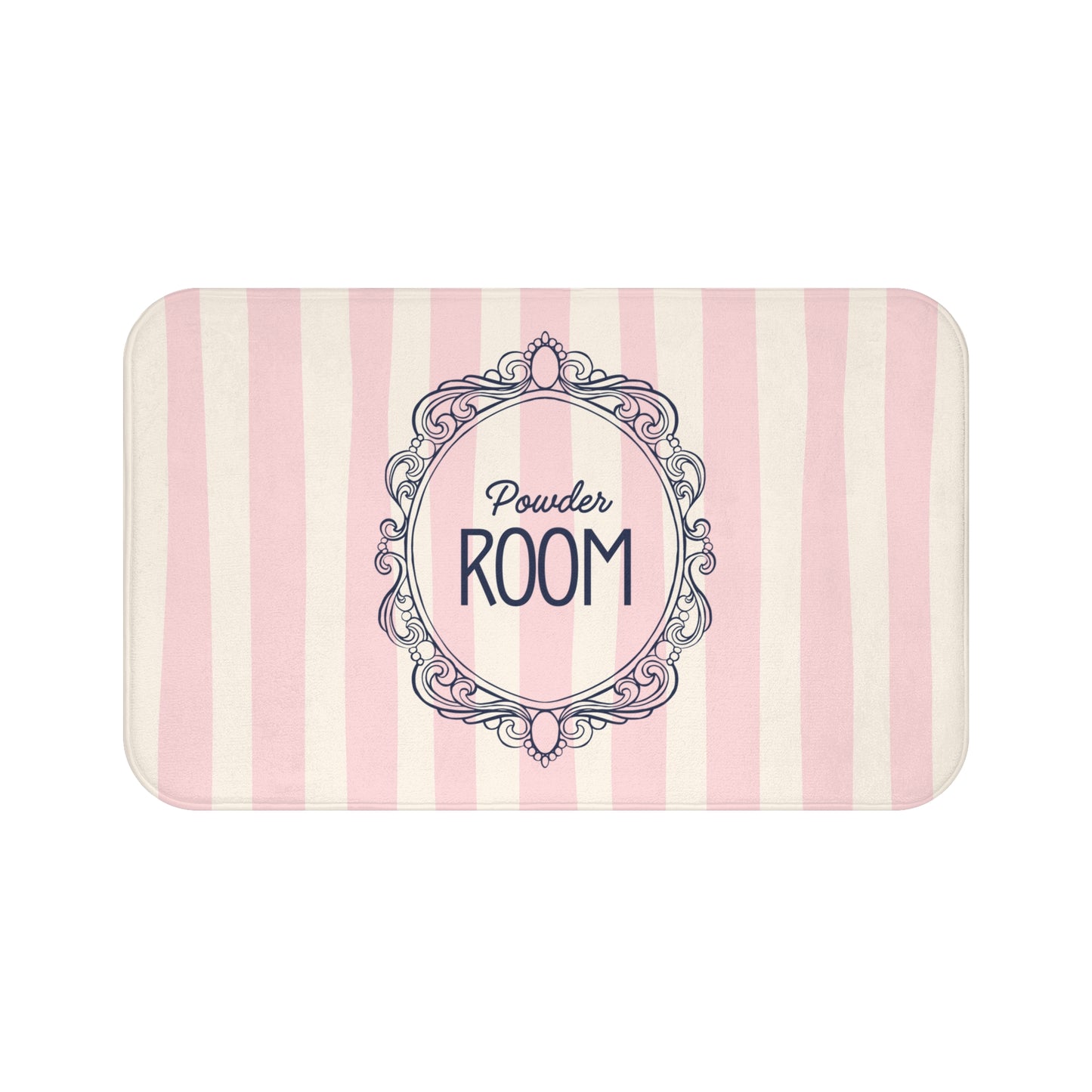 Striped door mat with 'Powder Room' text and decorative frame on a white background