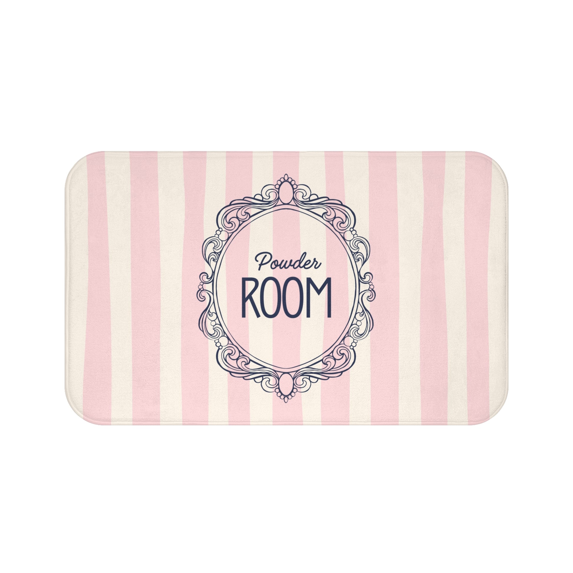 Striped door mat with 'Powder Room' text and decorative frame on a white background