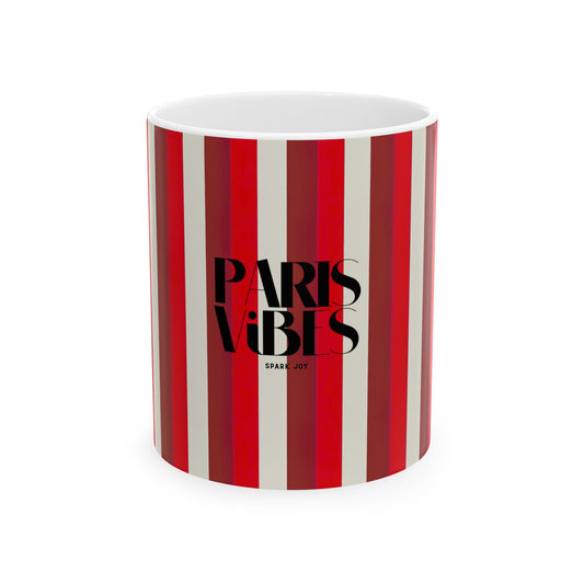 Striped mug with 'Paris Vibes' text on a white background