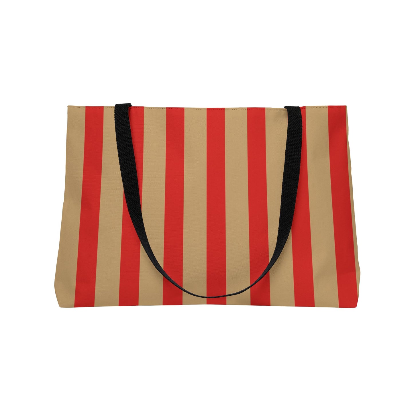 Striped bag with red and beige pattern and black handle on a white background