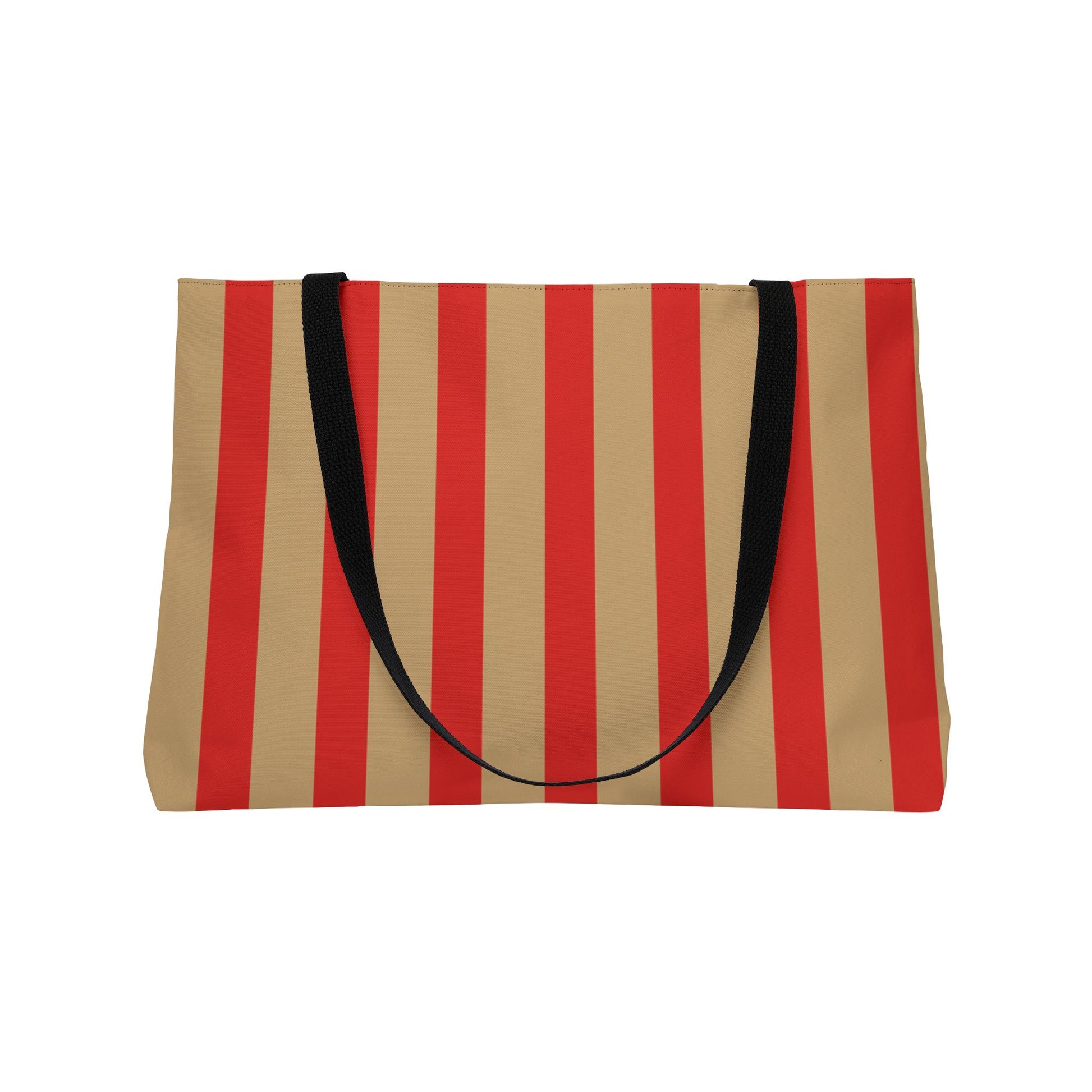 Striped bag with red and beige pattern and black handle on a white background
