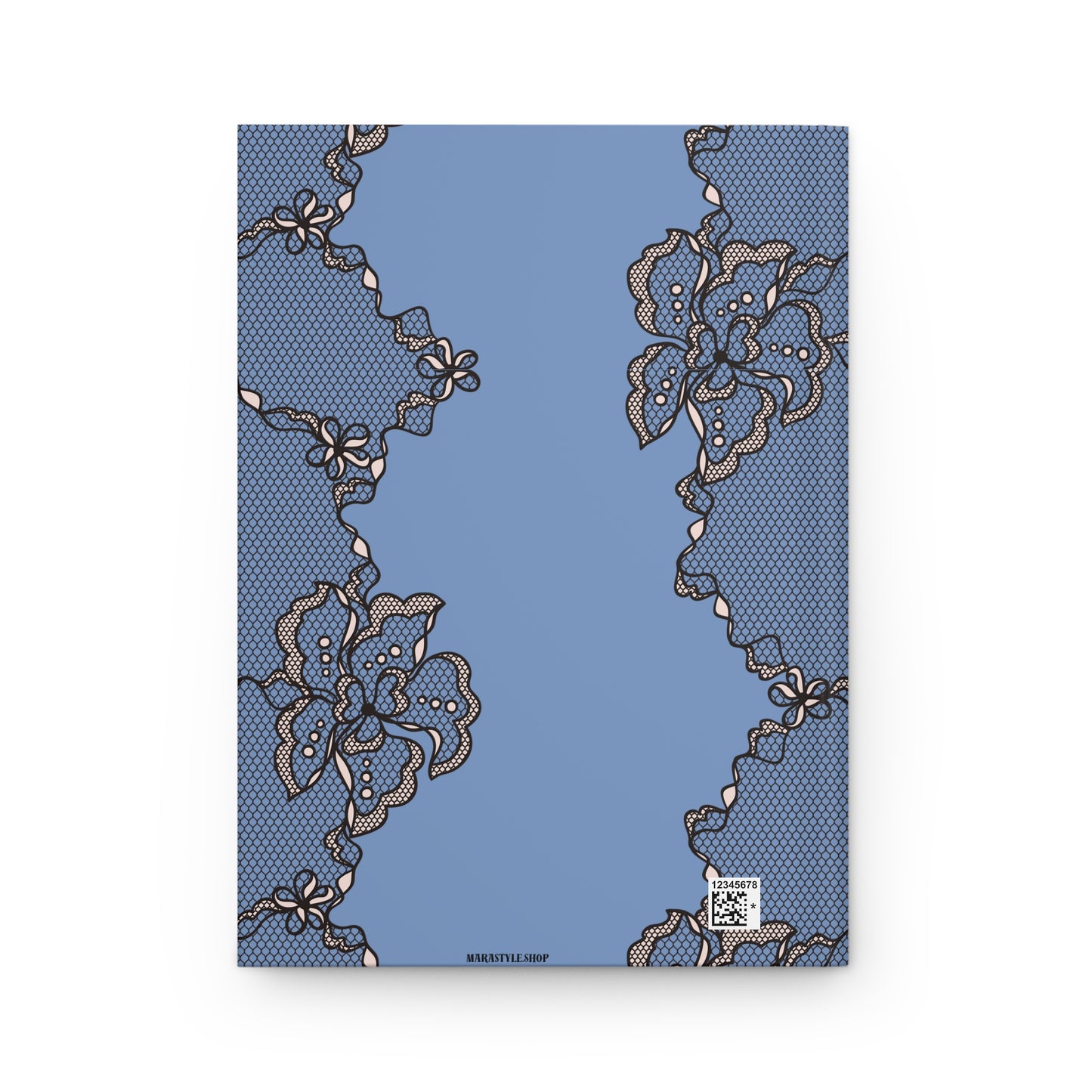 Blue fabric with lace floral patterns on a white background