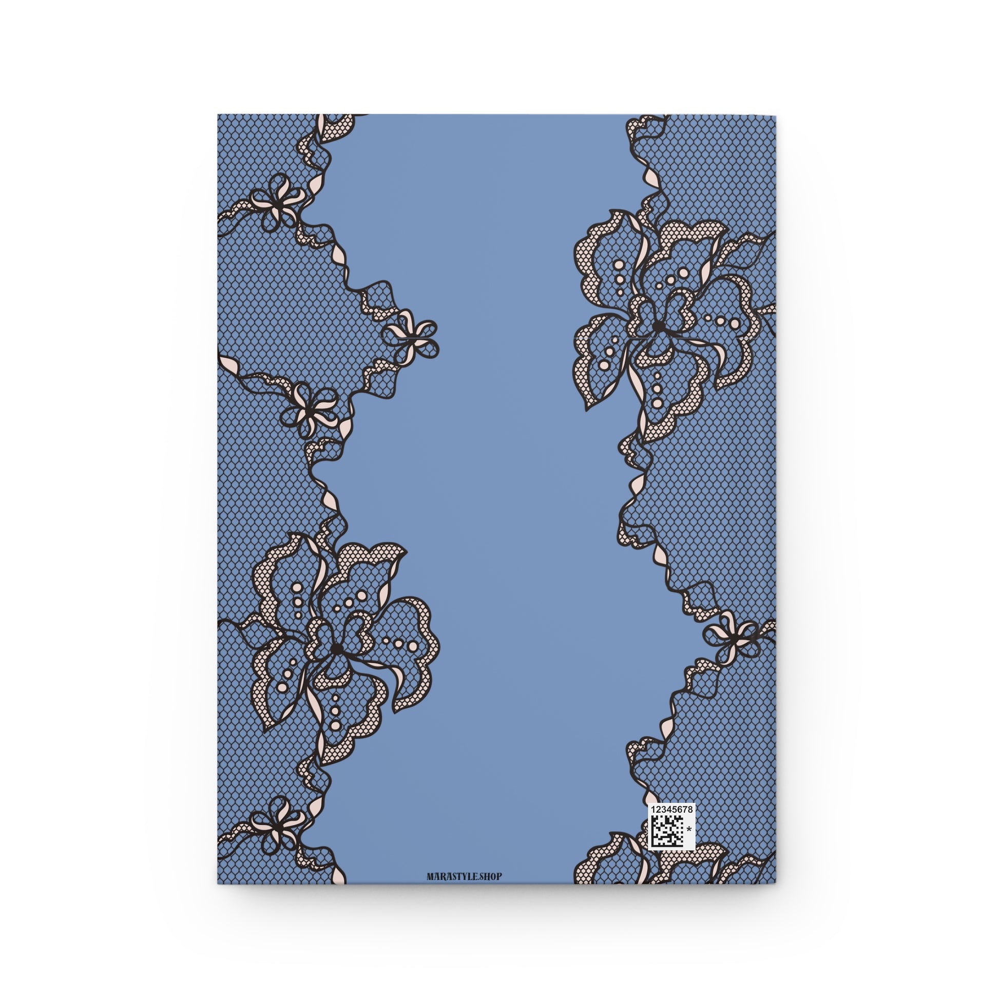 Blue fabric with lace floral patterns on a white background