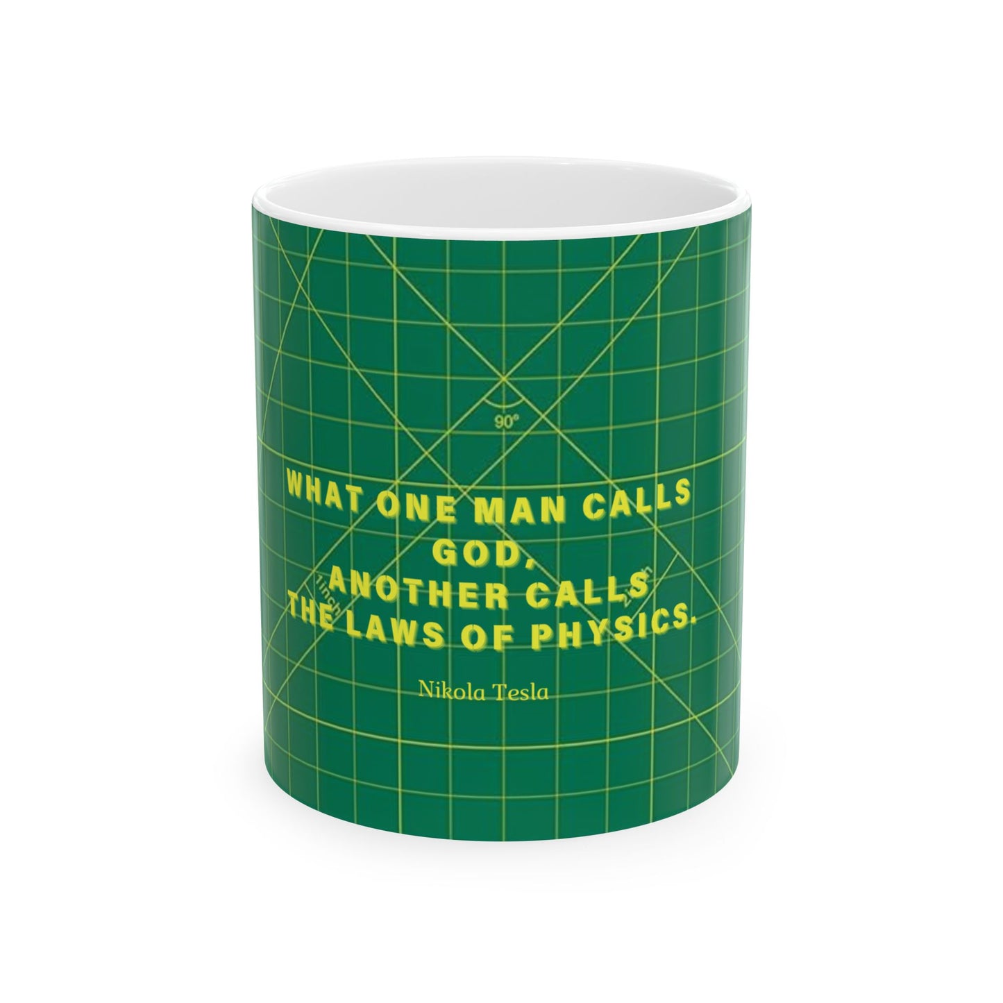 Green mug with yellow text featuring a quote by Nikola Tesla on a white background