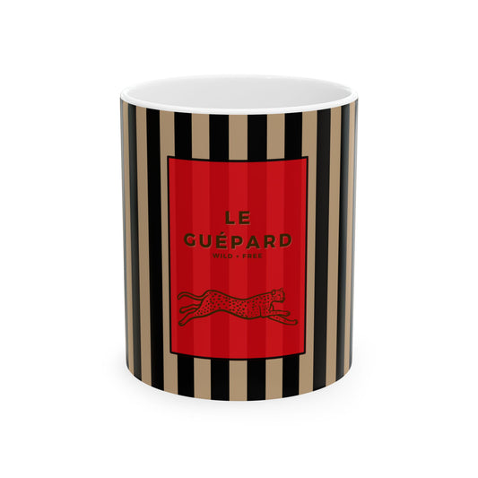 Ceramic mug with black and beige striped design and red label featuring 'Le Guépard' branding.