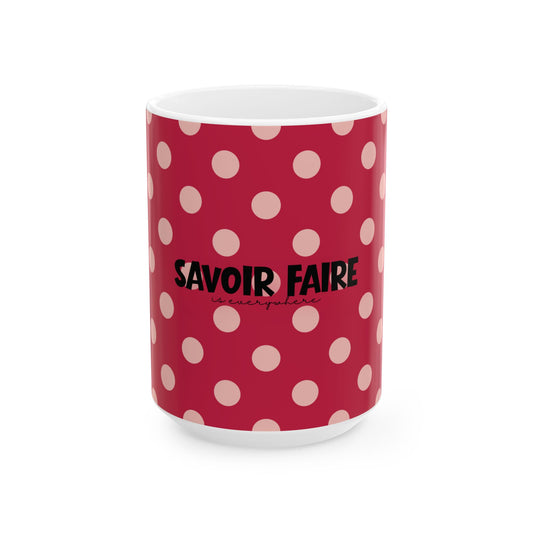 Red polka dot mug with 'Savoir Faire' text on a white background