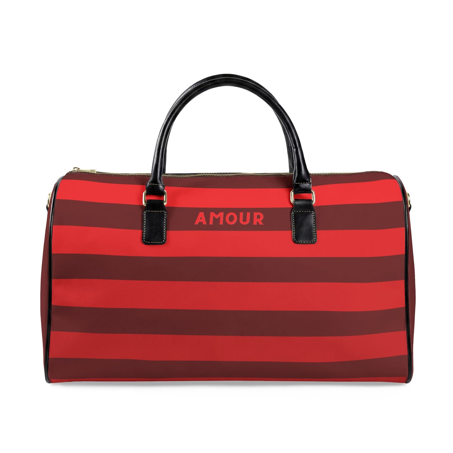 Red and brown striped bag with 'AMOUR' text on a white background