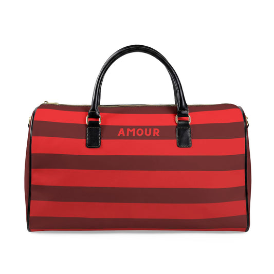 Red and brown striped bag with 'AMOUR' text on a white background