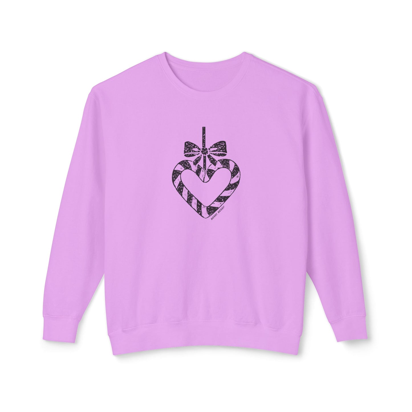 Light purple holiday sweatshirt with a black and white patterned heart design on a white background