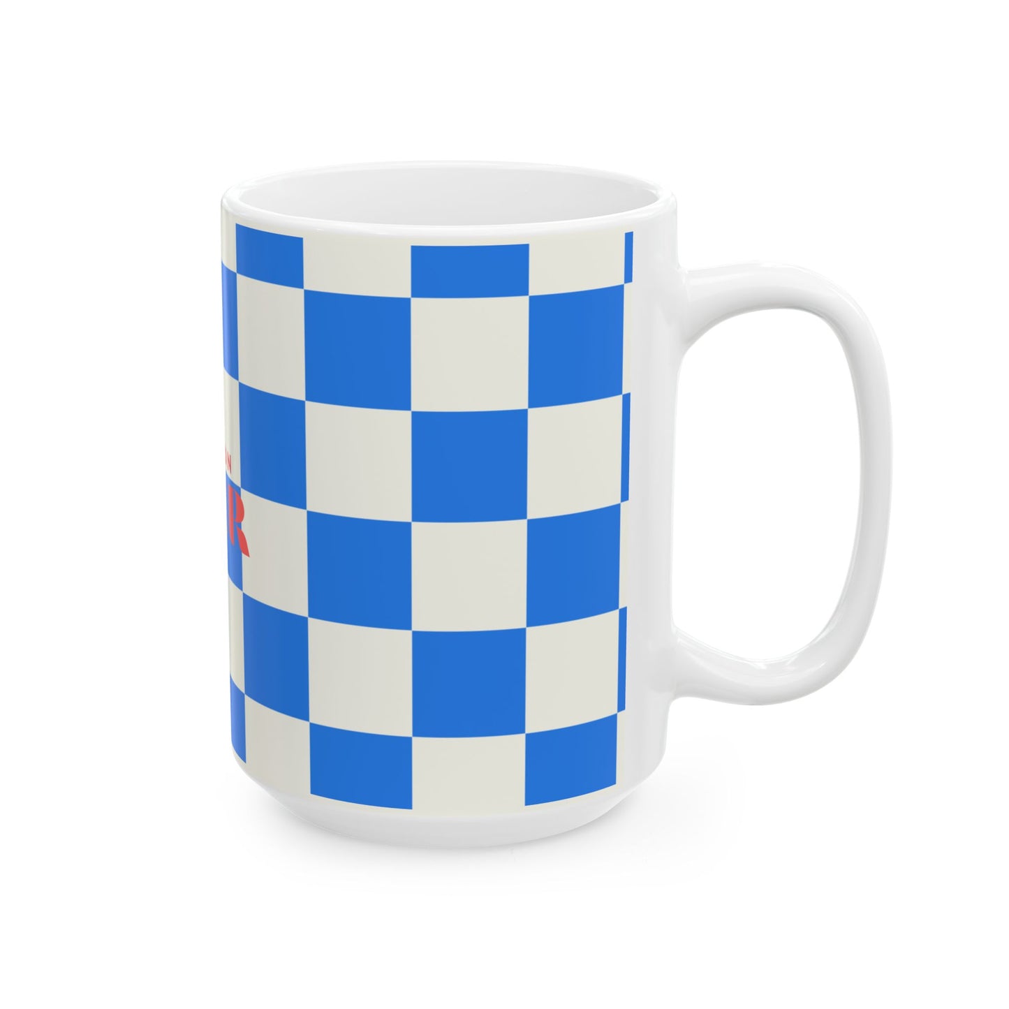 Checkerboard Ceramic Mug - 'Bien, mon amour (Ok, my sweetie)'