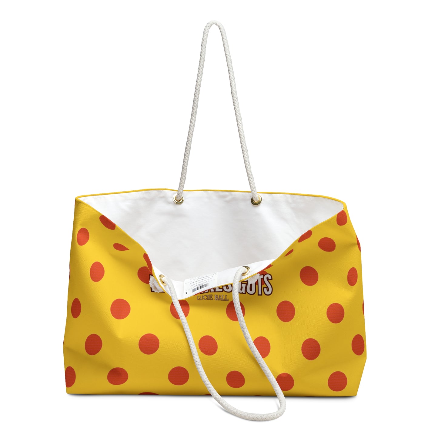 Yellow tote bag with red polka dots and a white handle on a white background
