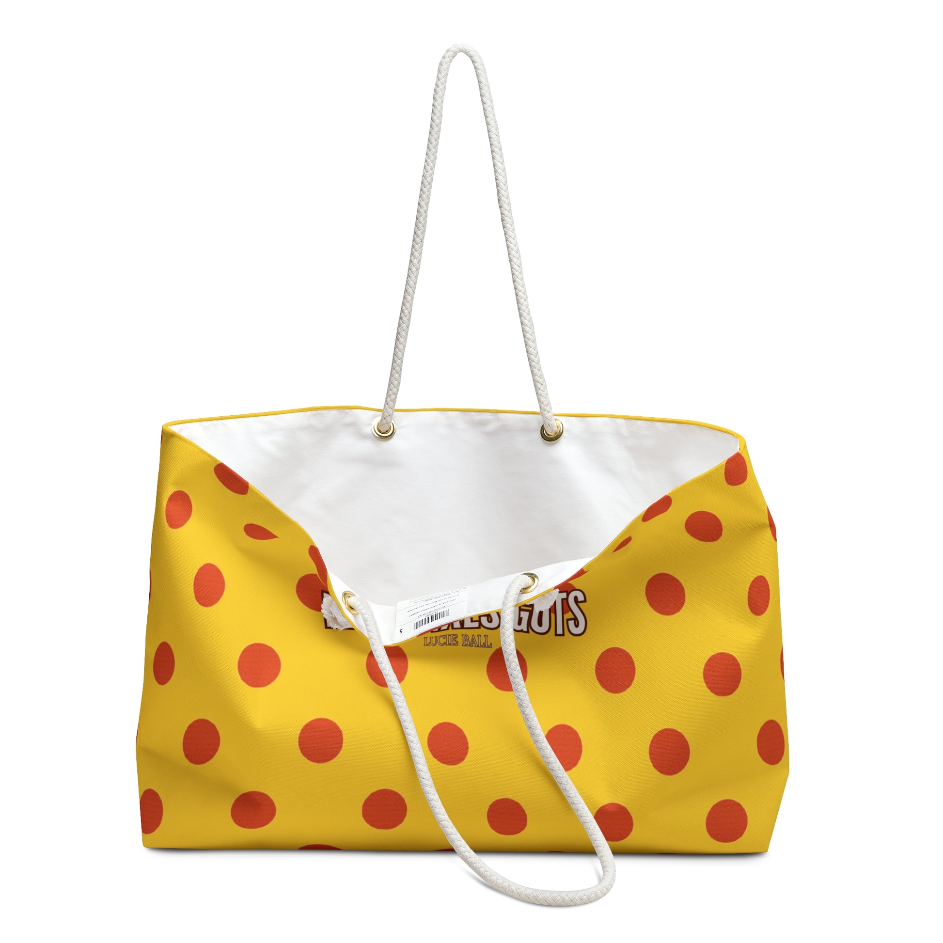 Yellow tote bag with red polka dots and a white handle on a white background