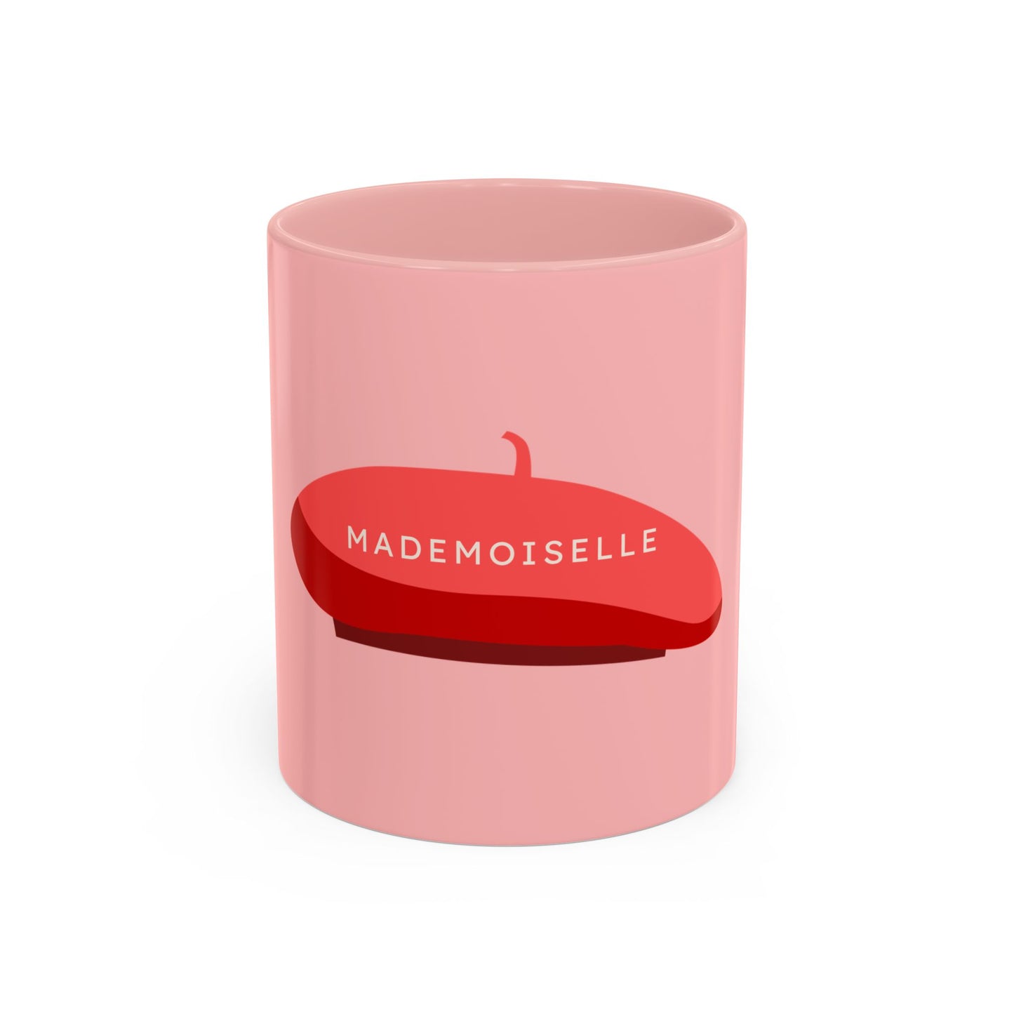 Pink container with a red beret design and 'MADEMOISELLE' text on a white background