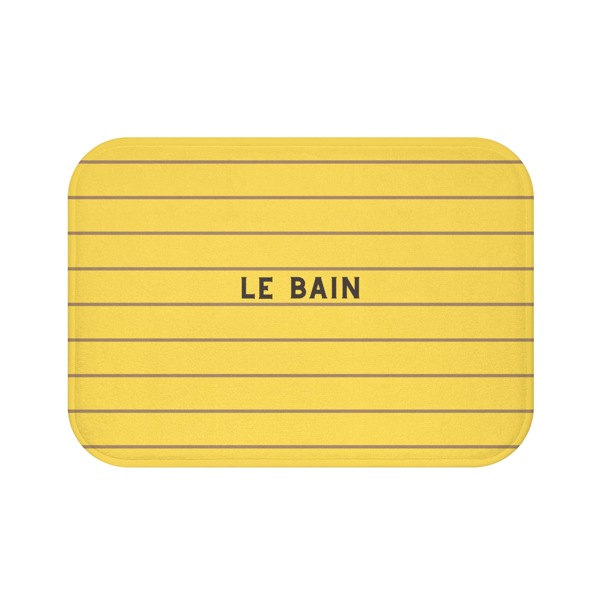 A rectangular yellow bath mat with rounded corners, featuring thin horizontal gray lines and the words 'LE BAIN' printed in black at the center, shown on a plain white background.