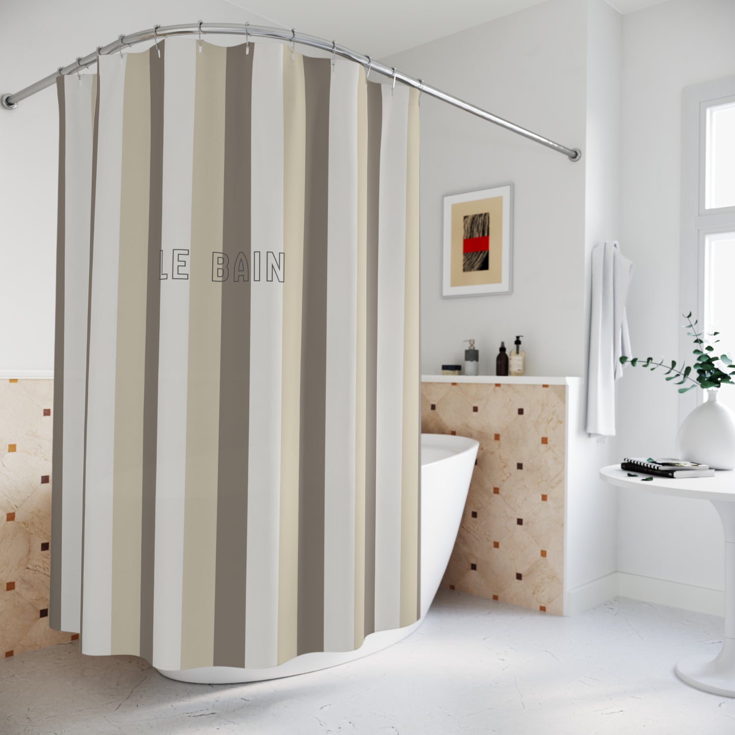 Striped shower curtain in a bathroom setting with a bathtub and decorative elements.