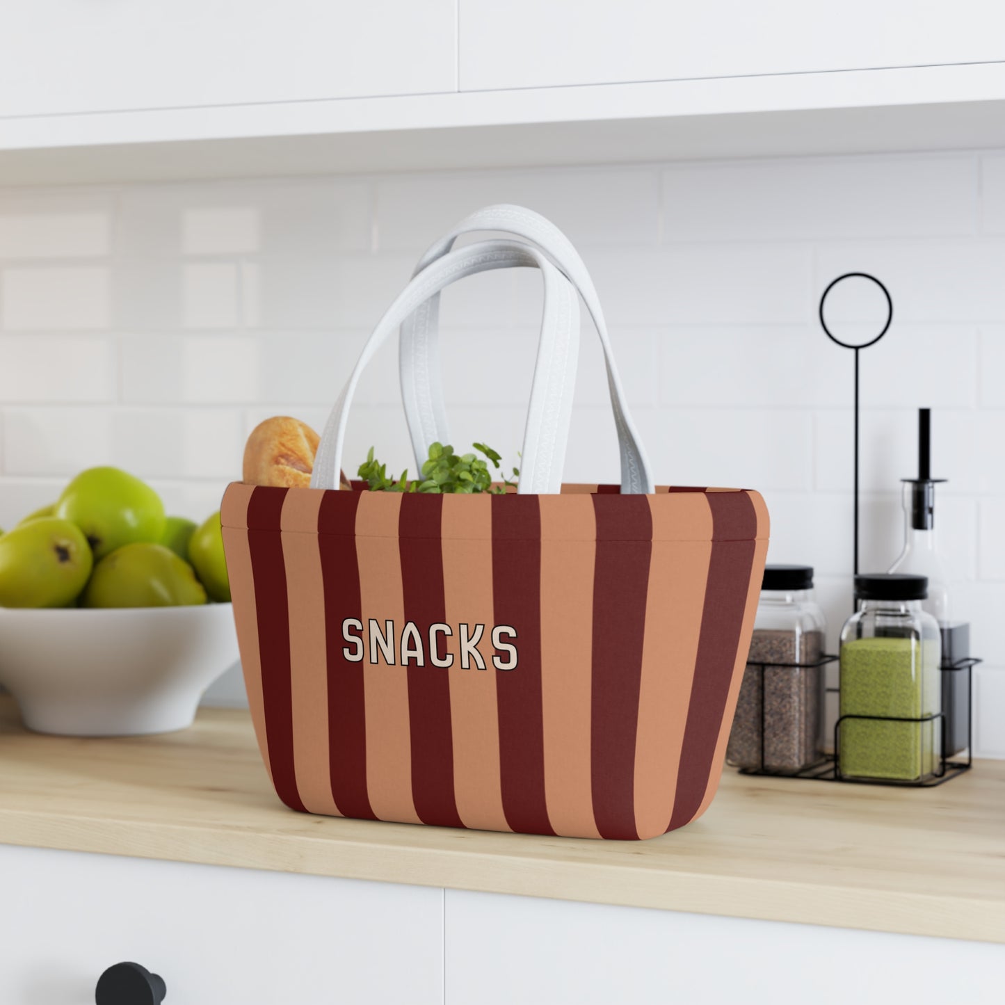 Striped 'SNACKS' Insulated Lunch Bag — Retro Brown Picnic Tote