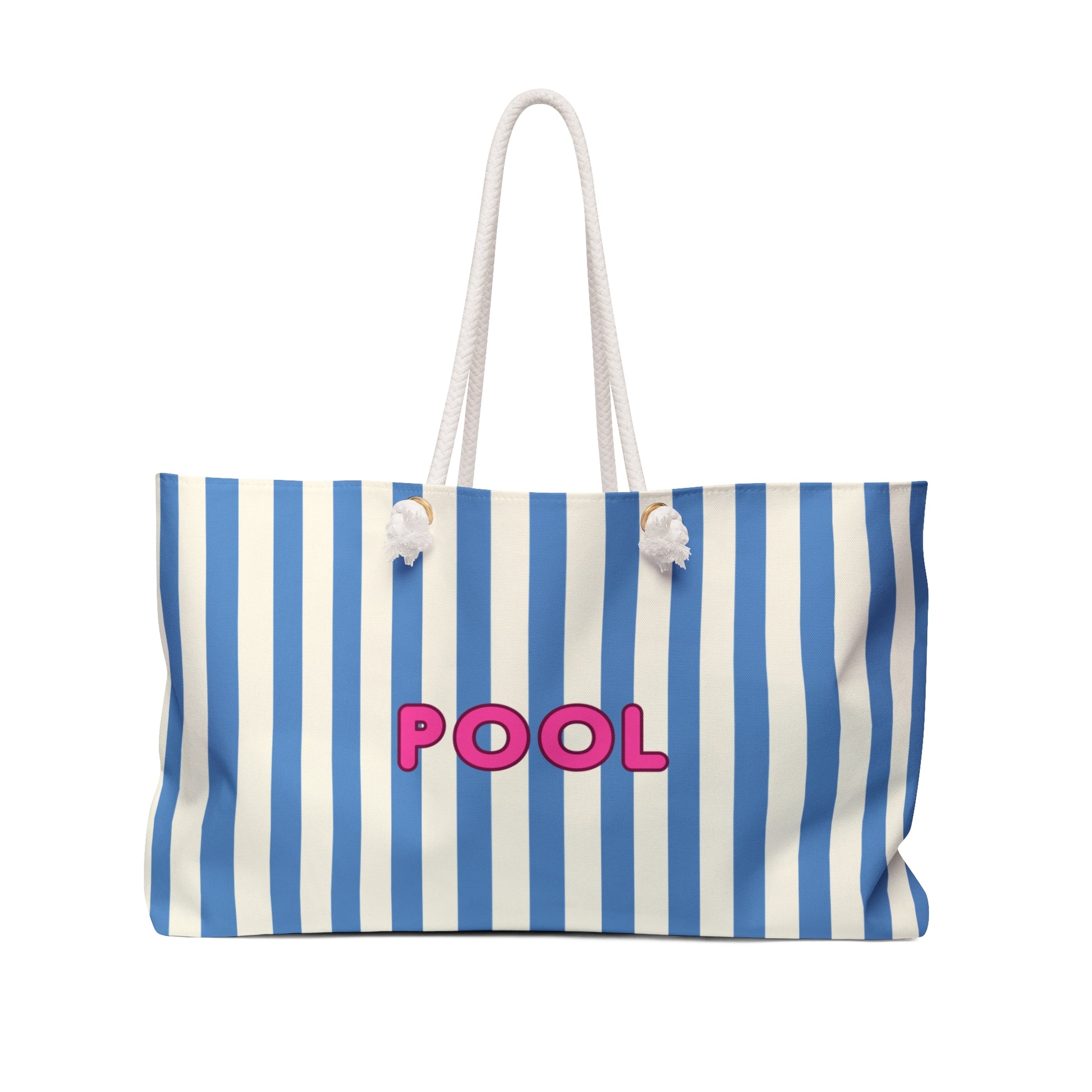 Striped beach bag with 'POOL' text on a white background