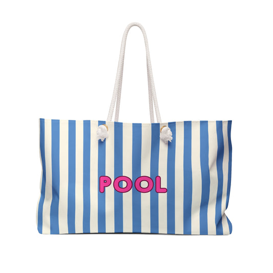 Striped beach bag with 'POOL' text on a white background