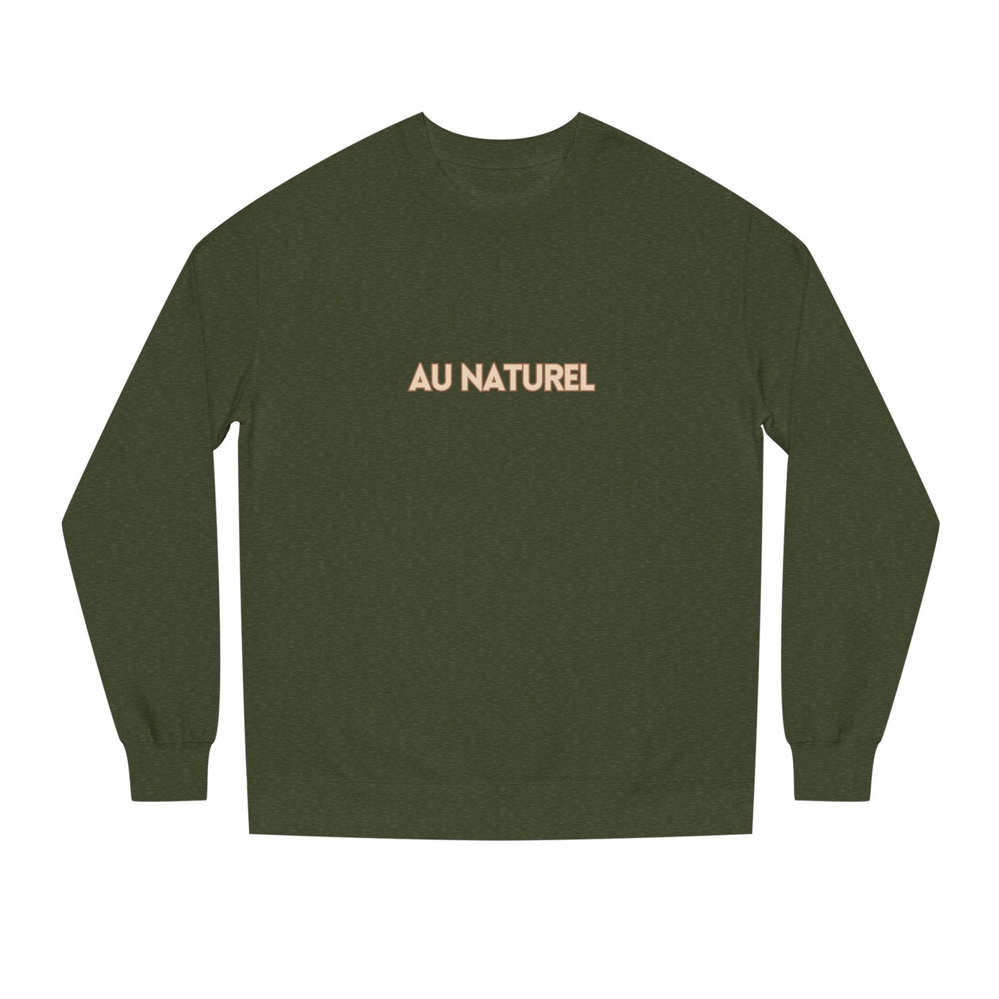 Green long-sleeve shirt with 'AU NATUREL' text on a white background