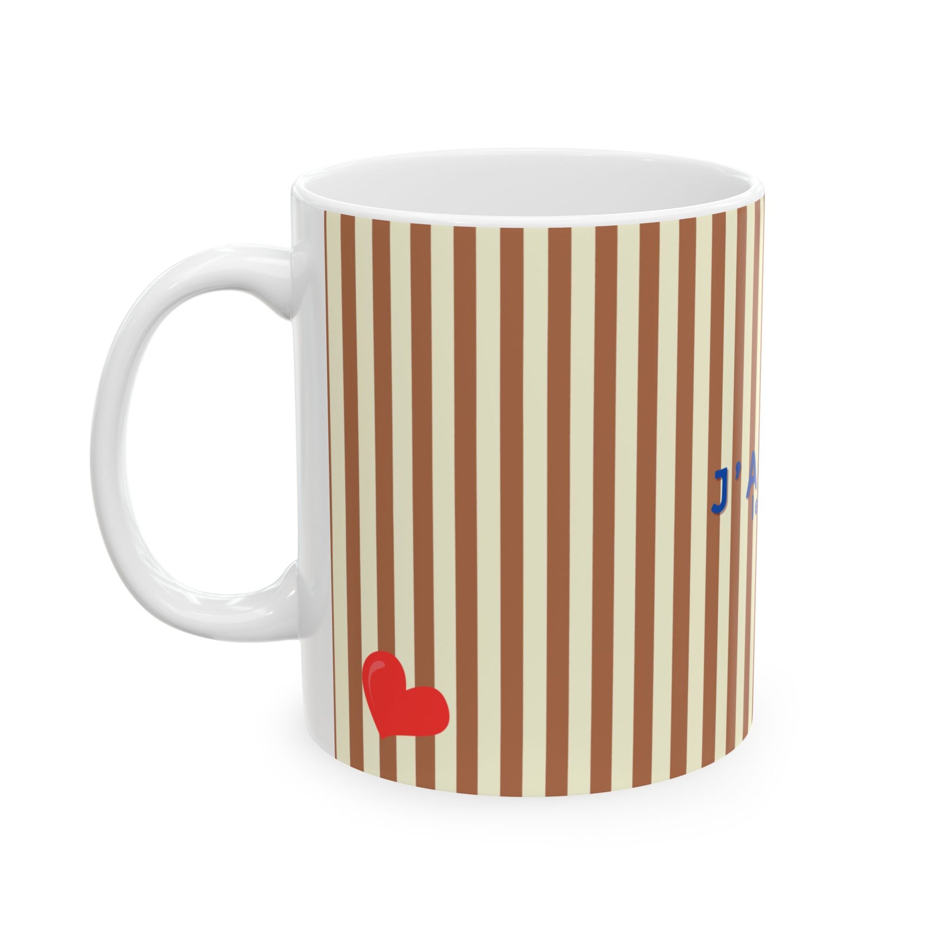 Mug with brown and beige striped pattern and red heart on a white background