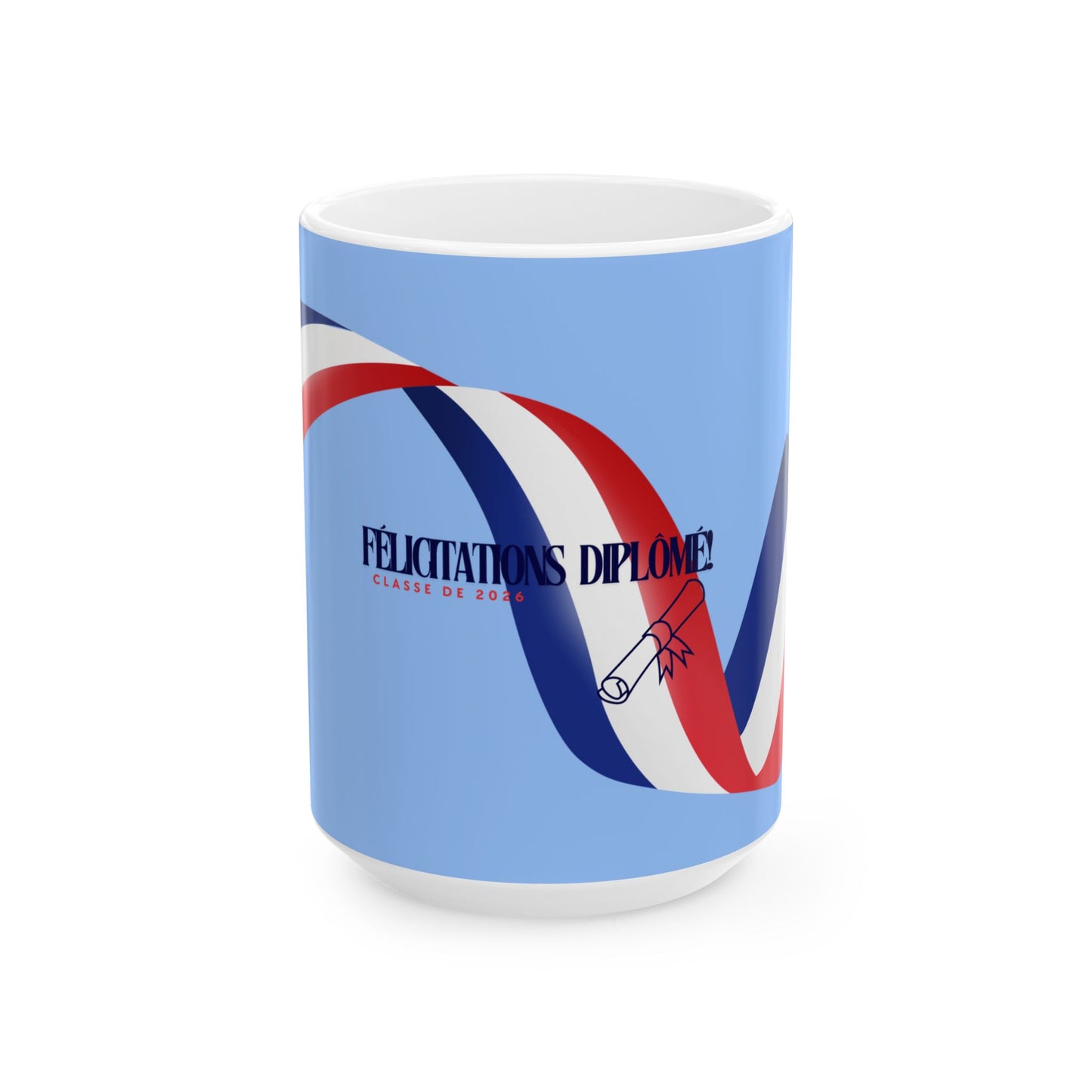 Mug with blue background and red, white, and blue design on a white background