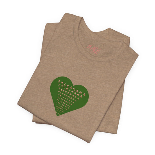 Brown t-shirt with a green heart design on a white background