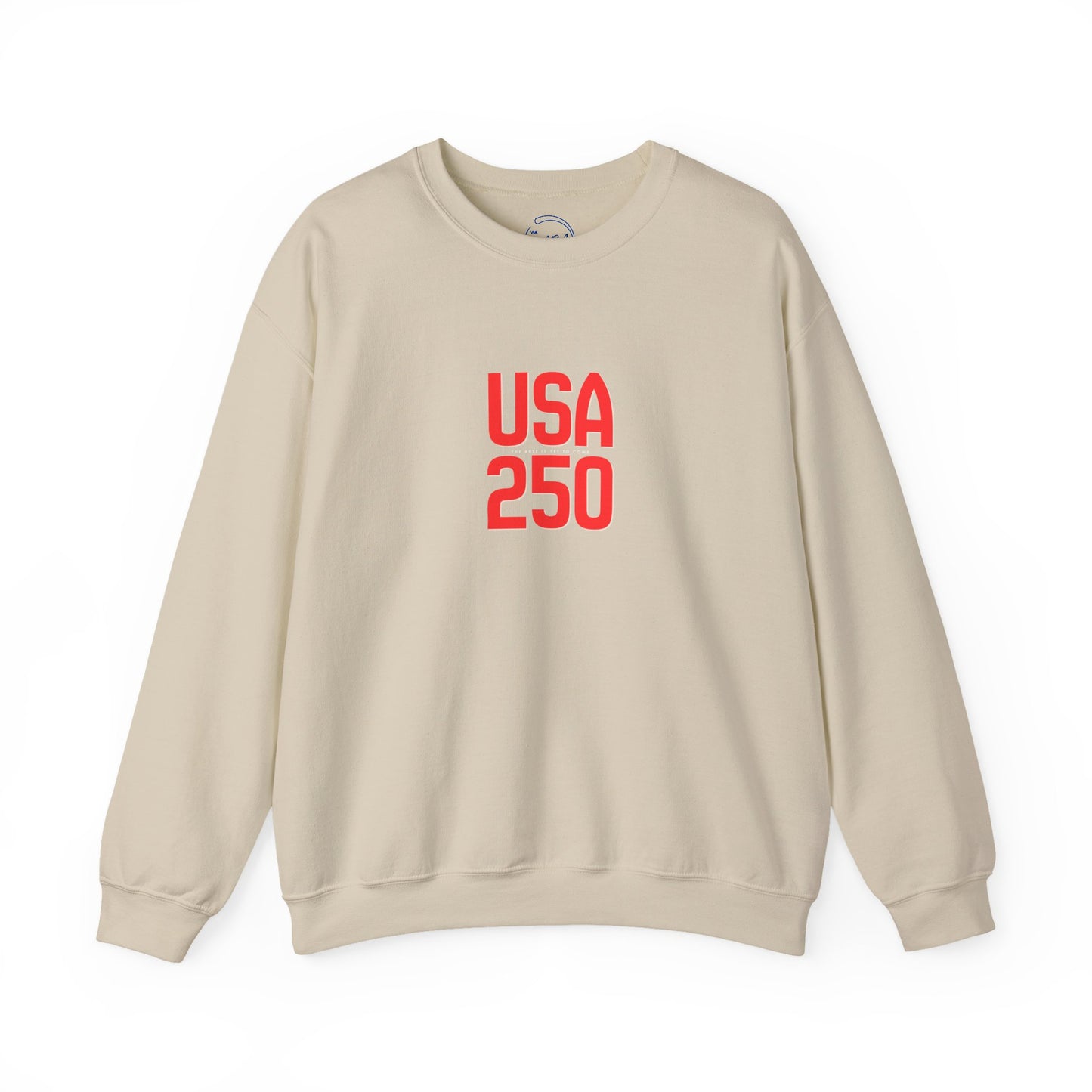 Beige sweatshirt with 'USA 250' in red text on a white background