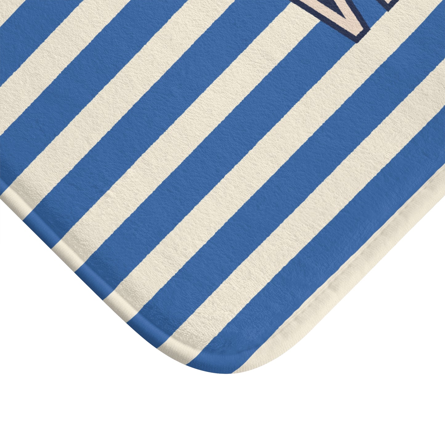 C'est la Vie Blue Striped Bath Mat — Nautical French Quote Bathroom Rug