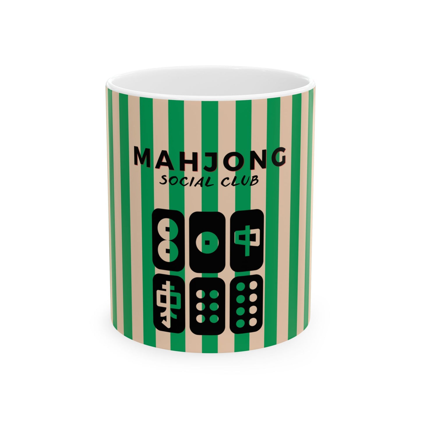 Mug with green and beige striped pattern and 'Mahjong Social Club' text
