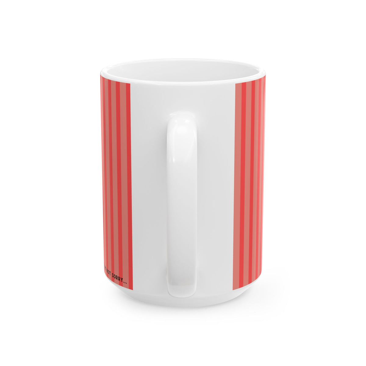 A white ceramic mug with a handle, decorated with two vertical columns of red and pink stripes on the sides, shown against a plain white background.