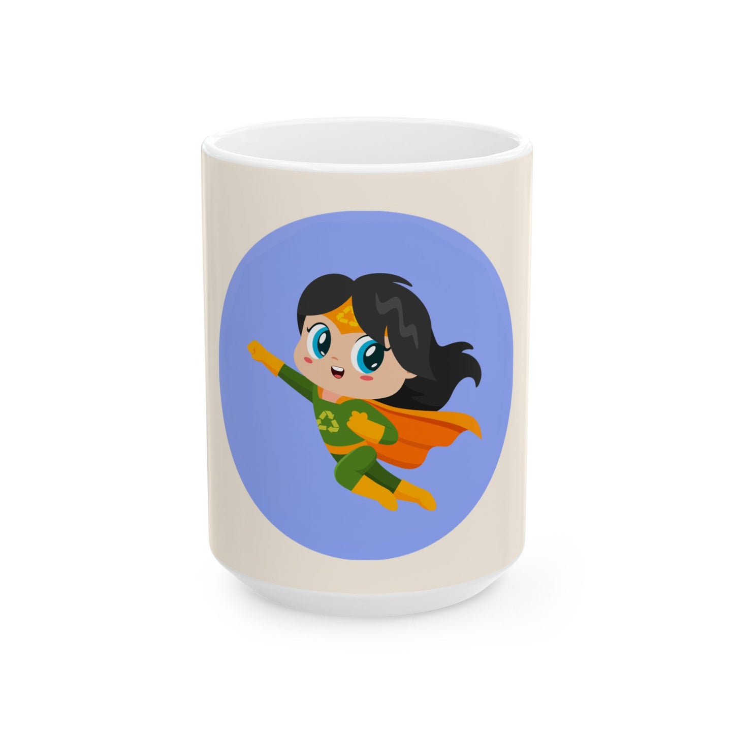A white ceramic mug featuring a cartoon illustration of a superhero girl with black hair, a green and yellow suit, and an orange cape, set against a light blue oval on a white background.
