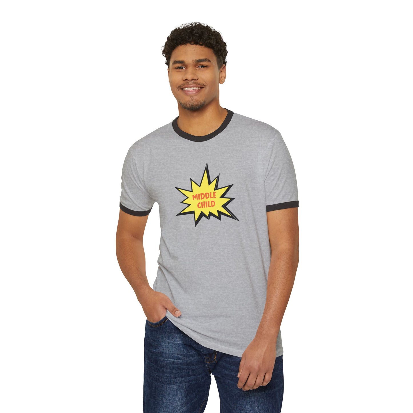Man wearing a gray t-shirt with a yellow and black graphic design on a white background