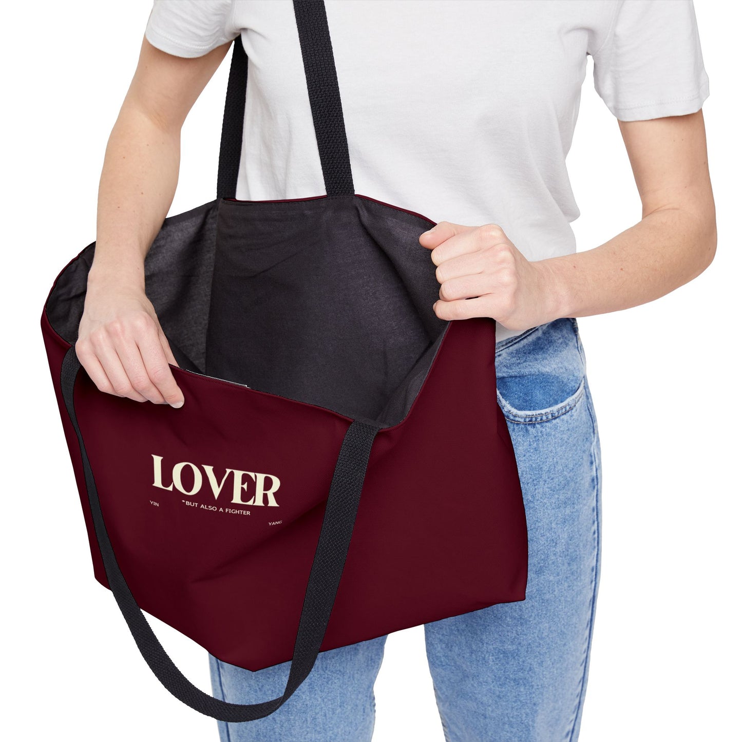 LOVER, but also a Fighter, Cherry Cola Red Oversized Tote Bag