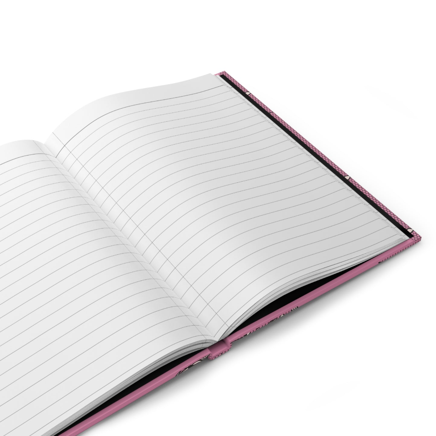 Open notebook with pink trim on a white background