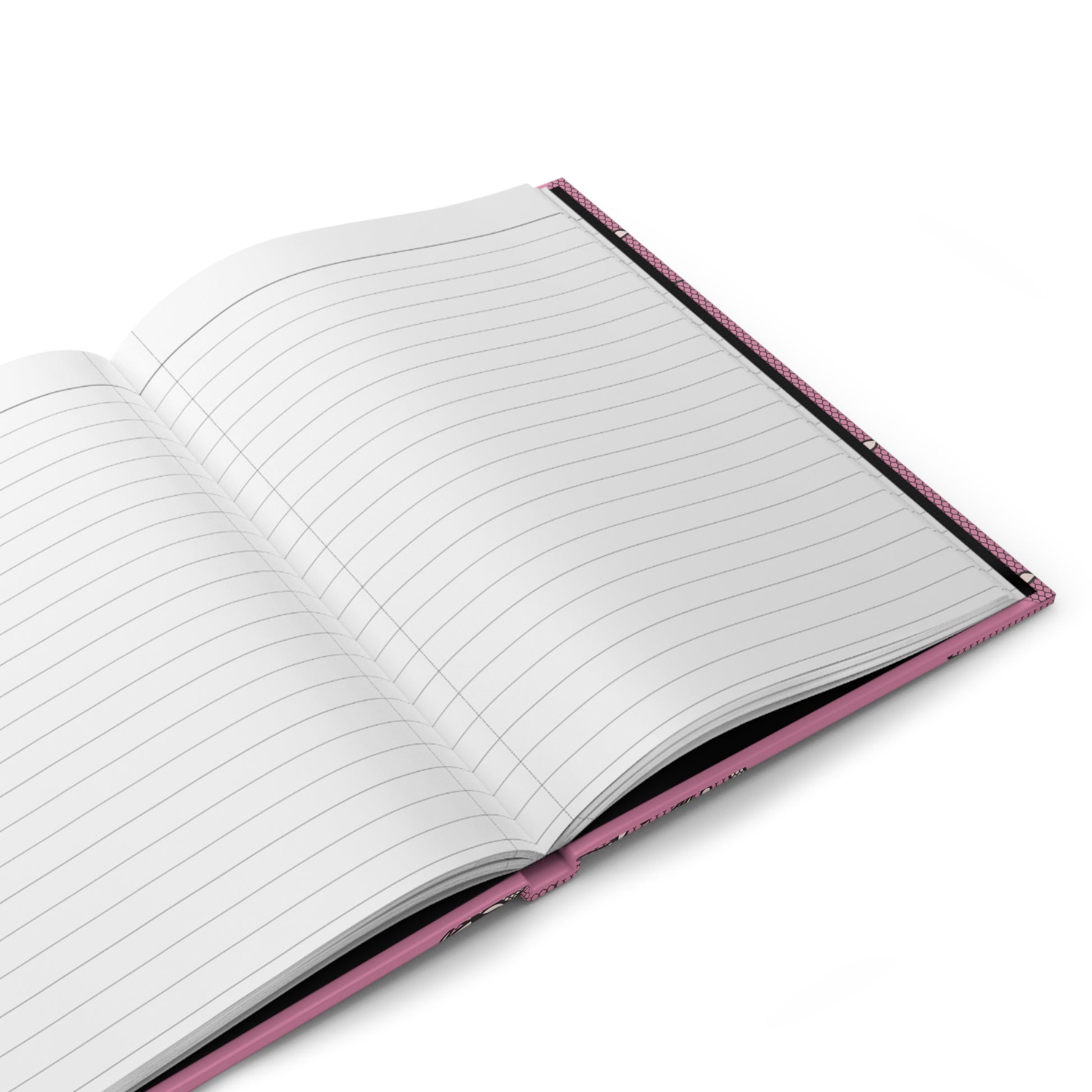 Open notebook with pink trim on a white background