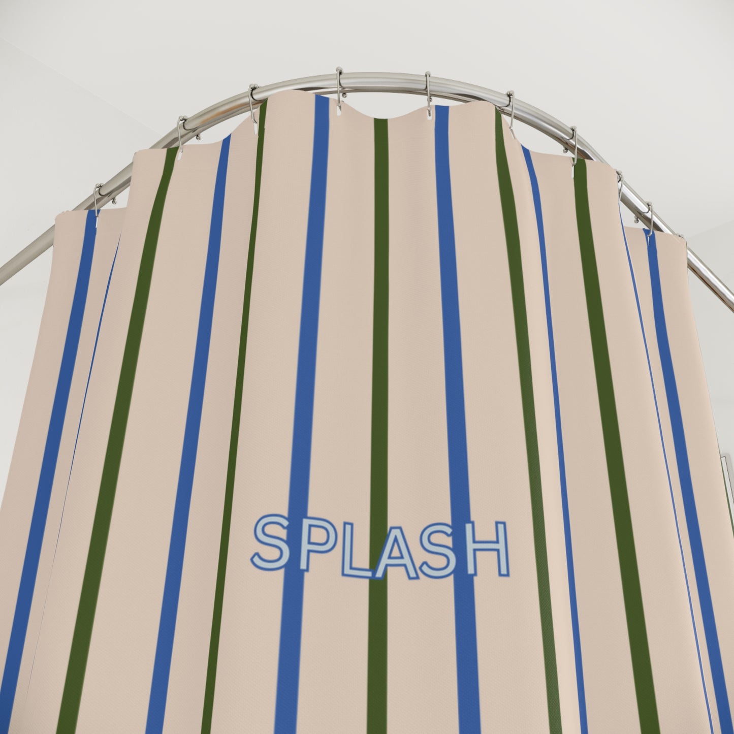 Shower curtain with blue and green vertical stripes and 'SPLASH' text on a beige background