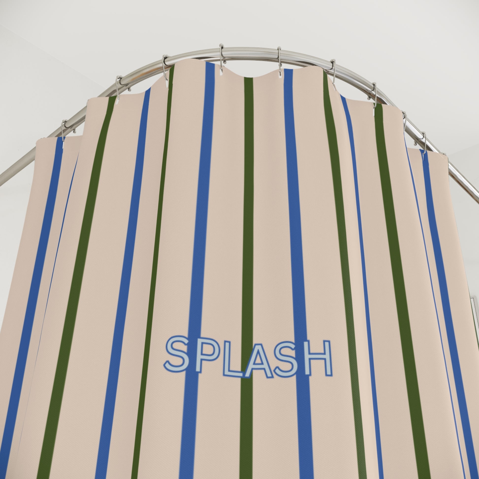 Shower curtain with blue and green vertical stripes and 'SPLASH' text on a beige background