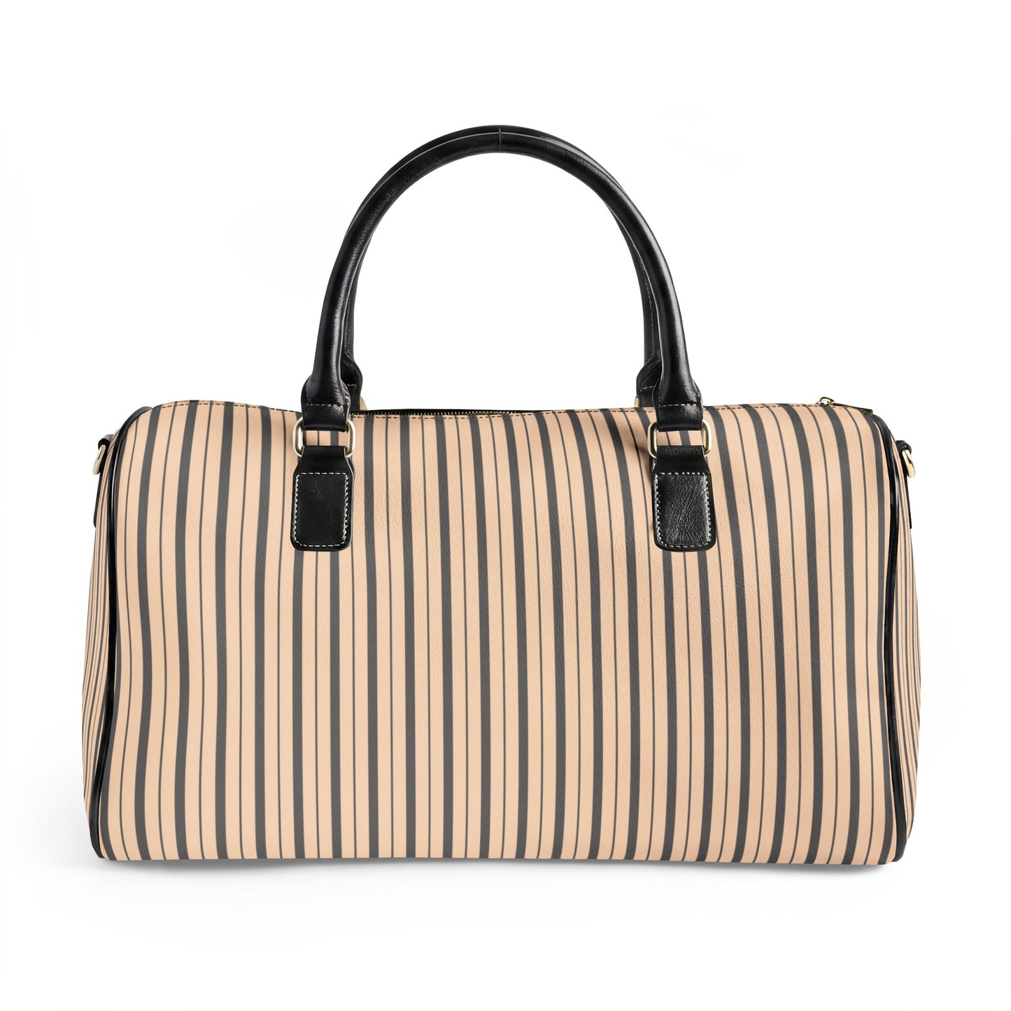 Modern Preppy Leather Travel Bag, BON VOYAGE – Grey/Tan Striped Weekender Duffle