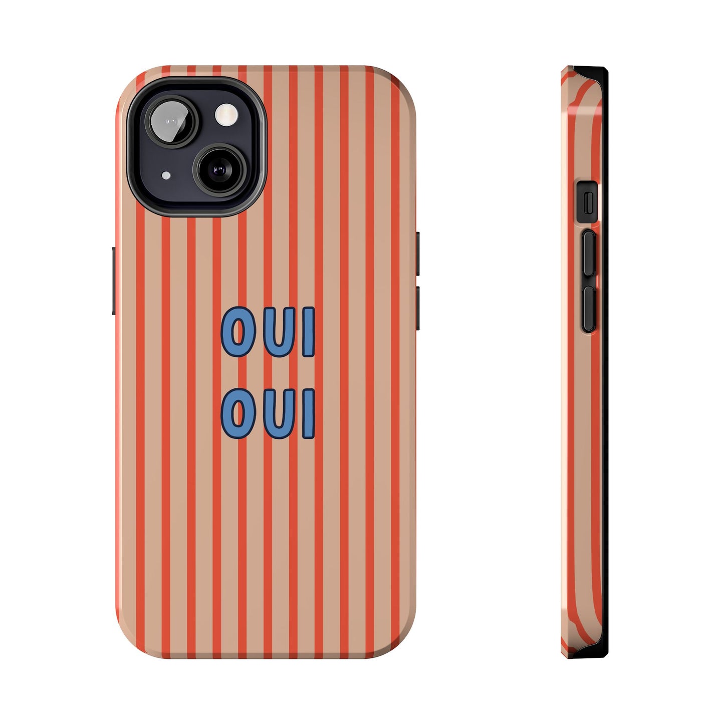 Phone case with red and white striped pattern and 'OUI OUI' text on a white background