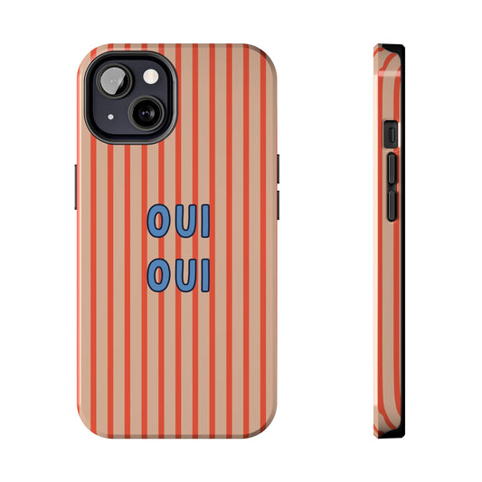 Phone case with red and white striped pattern and 'OUI OUI' text on a white background