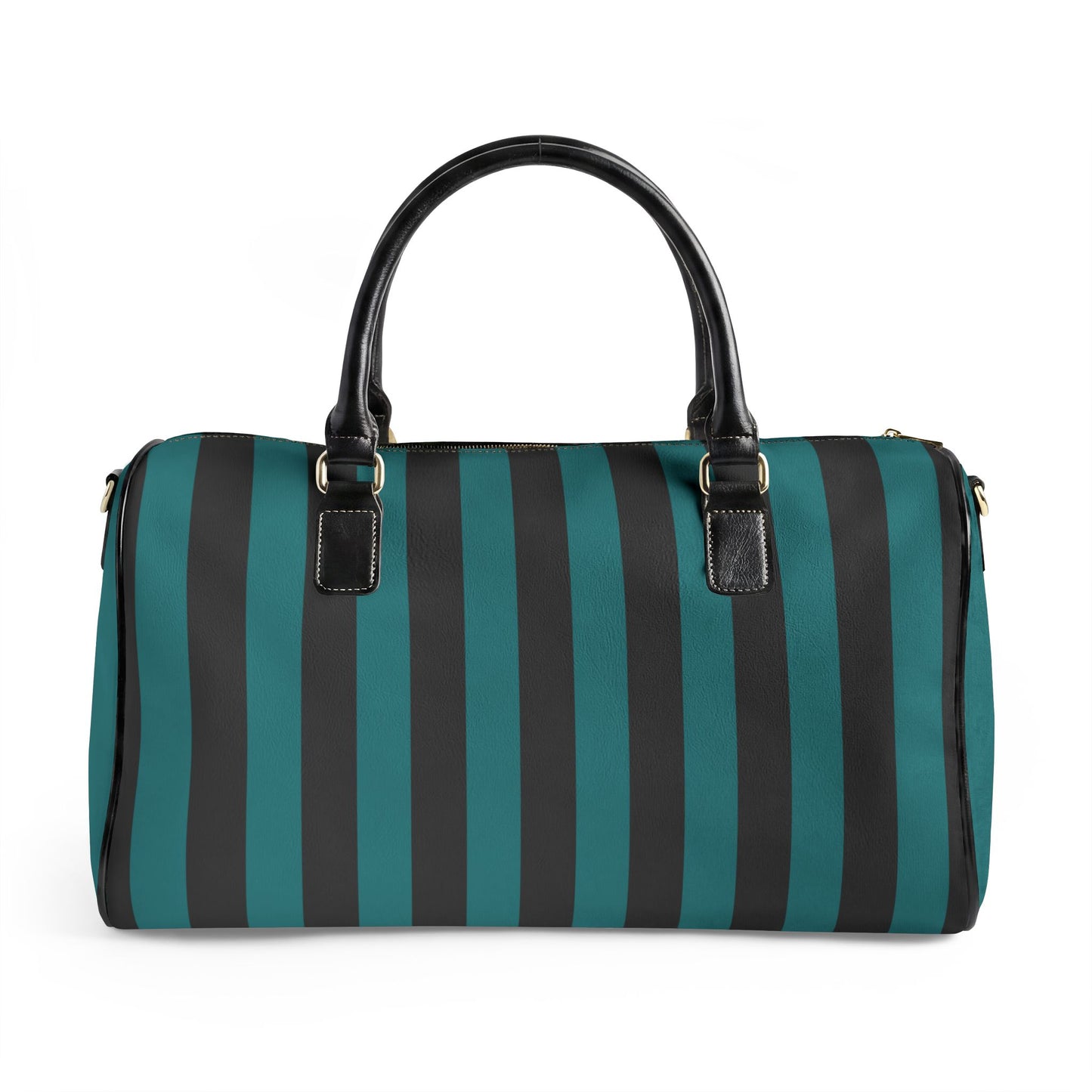 Striped duffel bag with black and teal stripes on a white background