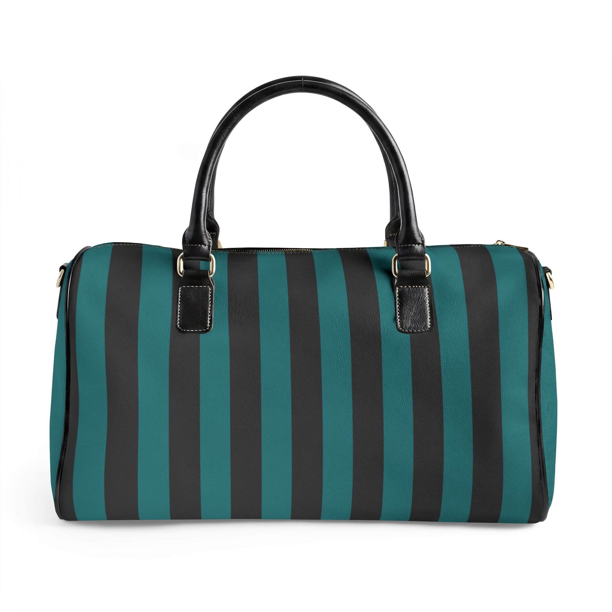 Striped duffel bag with black and teal stripes on a white background