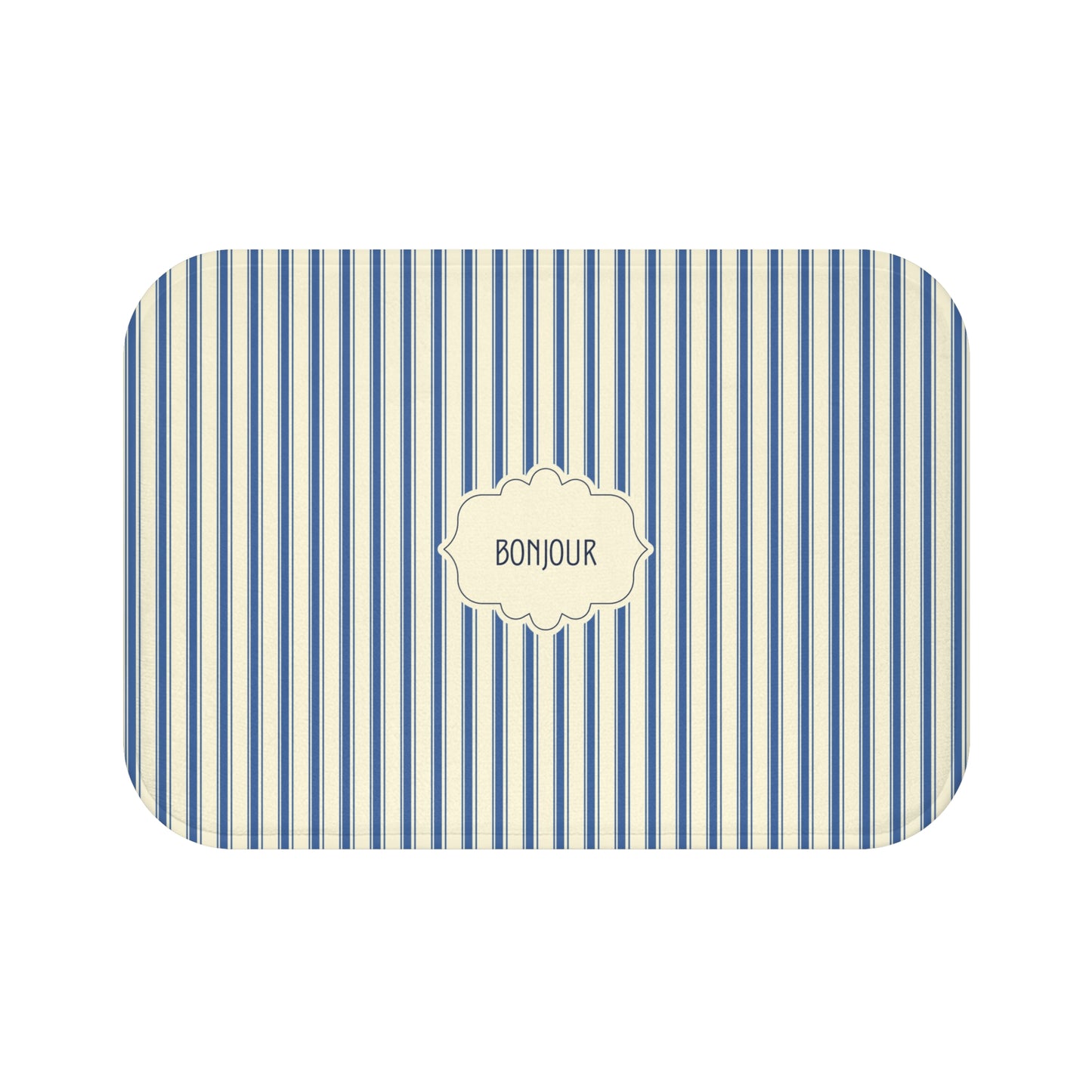 A bath mat with rounded corners, featuring a vertical blue and white stripe pattern and a central cream-colored label that reads 'BONJOUR'.
