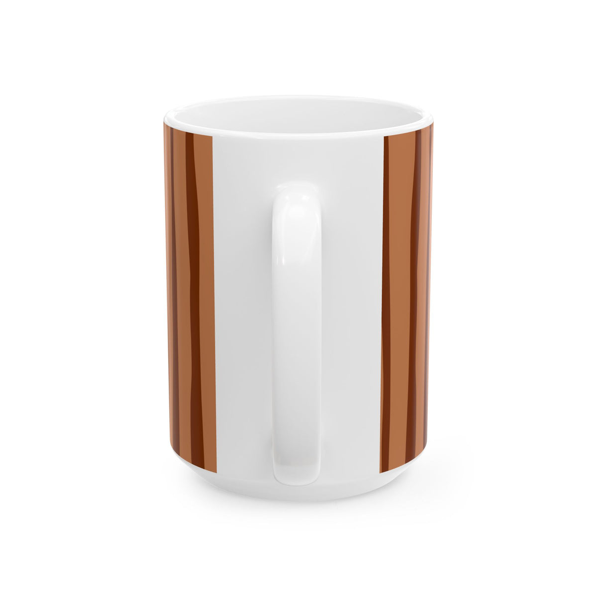 A white ceramic mug with a vertical striped pattern in shades of brown on the sides, shown from a three-quarters angle on a white background.