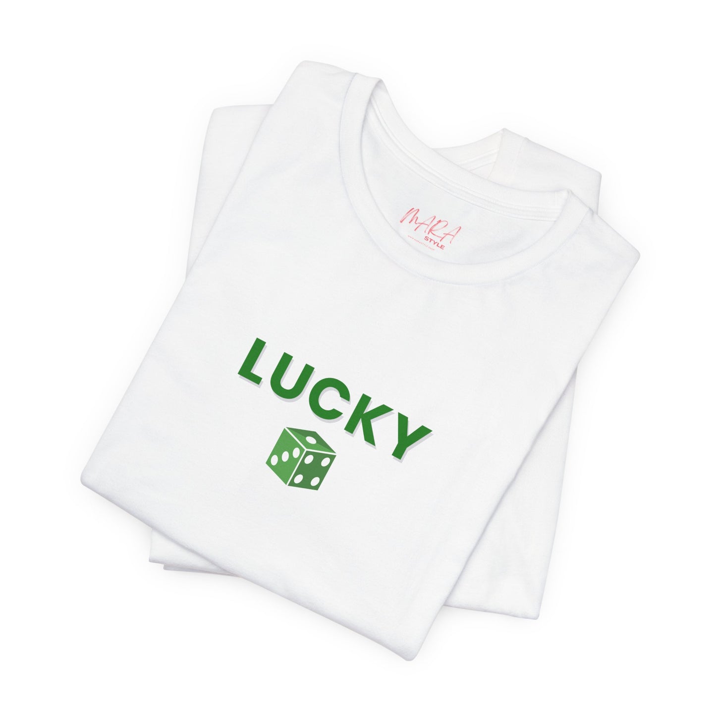 White t-shirt with 'LUCKY' and dice graphic on a white background