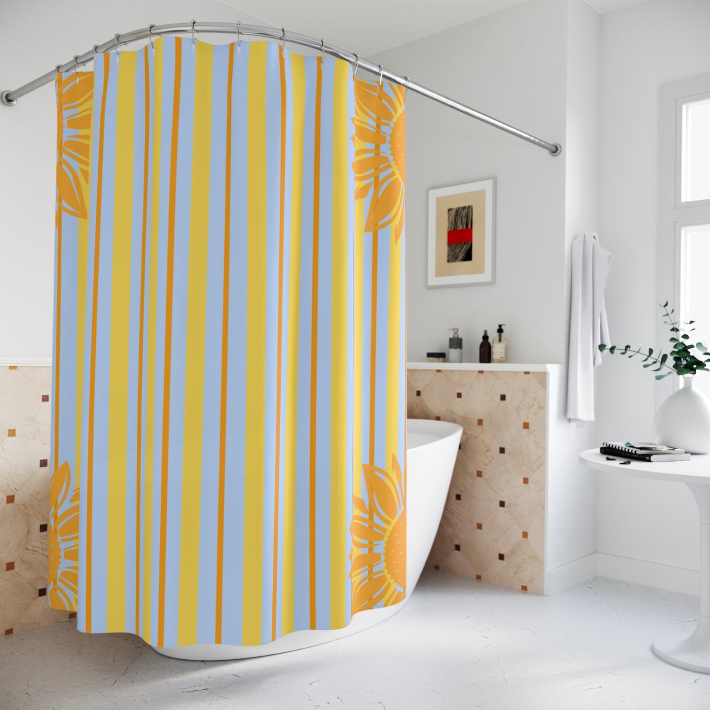 Shower curtain with yellow and blue stripes in a bathroom setting