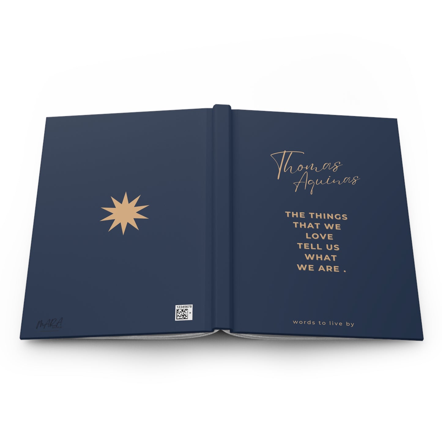 Open book with Thomas Aquinas quote on a white background